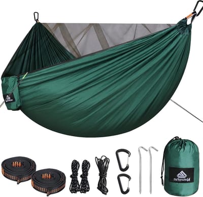 Hangmat met klamboe - 300 kg draagvermogen - ademend sneldrogend parachute-nylon - 290 x 140 cm - complete accessoires - Eenvoudig op te zetten - reishangmat voor buiten binnen tuin