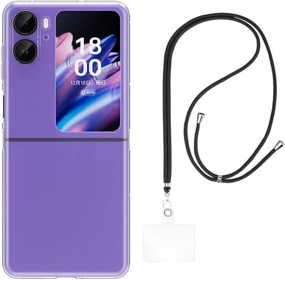 Set met hoesje en nekband voor oppo find n2 flip - Flexibele, transparante TPU-bescherming, verstelbare universele nekband voor mobiele telefoons, zwarte nekband, transparante draagriem van Phonillico®
