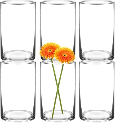 Set van 6 transparante vazen, 15 x 9 cm, cilindrische glazen vaas, minimalistische decoratieve vaas voor kaarsen, bloemen, schelpen, kralen, lantaarns, tafeldecoratie
