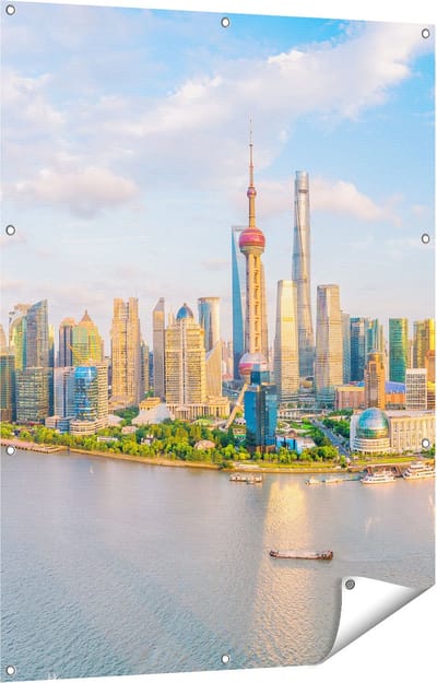 Gards Tuinposter Skyline Shanghai Stad in China - 90x120 cm - Tuindoek - Tuindecoratie - Wanddecoratie buiten - Tuinschilderij