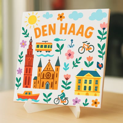 Tegeltje Den Haag - 15×15 cm – Keramiek – Decoratief Souvenir – Inclusief Transparante Houder / Ezel – Cadeau - Tegeltjes met tekst