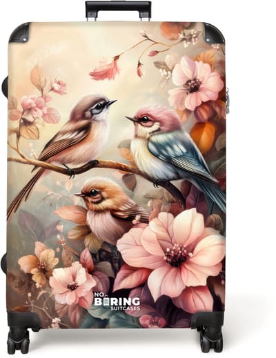 NoBoringSuitcases.com® - Koffer groot - Reiskoffer lichtgewicht - Vogels met roze bloemen - Rolkoffer met 4 wielen - Grote trolley XL - 98 liter bagage
