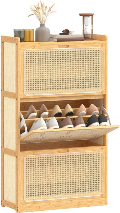 HOMCOM neerklapbare schoenenkast - Bamboe, spaanplaat - 69 x 29 x 119,8 cm - Natuurlijk hout