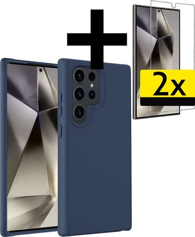 Hoesje - Met 2x Screenprotector - Geschikt voor Samsung Galaxy S24 Ultra - Sterk & Shockproof - Back Cover - Siliconen Case - Telefoon Hoes - Telefoonhoesjes - Donkerblauw