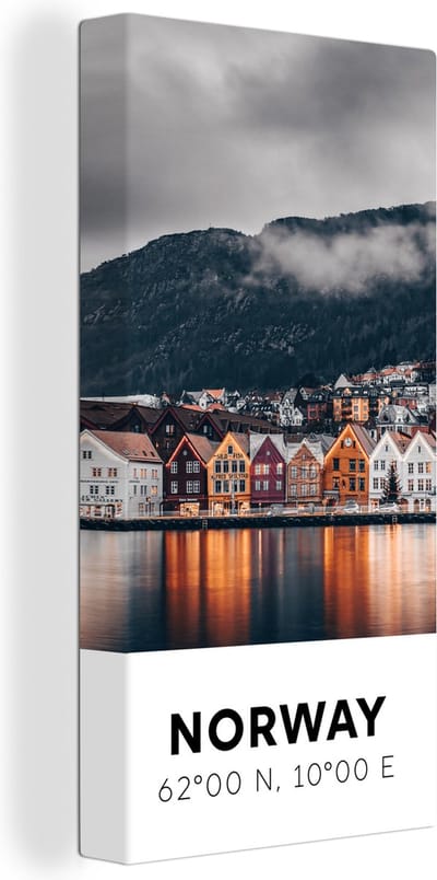 Canvas Schilderij Noorwegen - Scandinavië - Bergen - Winter - 20x40 cm - Wanddecoratie