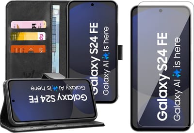 Hoesje geschikt voor Samsung Galaxy S24 FE - Screenprotector Glas - Portemonnee Book Case Zwart