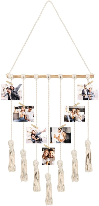 Dailygoody - Macramé Fotowand - Fotodisplay - Decoratieve Ophangsystemen - Wit - Geschikt voor 25 Foto’s - 40 x 92 cm