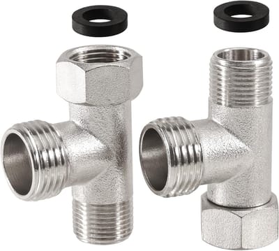Set van 2 T-stuk verdelers voor hoekkranen 3/8 inch en 1/2 inch - messing 3-weg klep, draaibare verbinding voor toilet, waterafvoer en sanitaire installaties