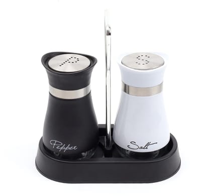 Dailygoods - Zout- en peperstrooierset van glas en roestvrij staal, 120 ml, zwart-wit design met houder, kruidenstrooier voor keuken, camping, restaurant, praktische kruidenset voor thuis en buiten