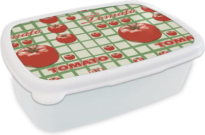 Broodtrommel Wit - Lunchbox - Brooddoos - Tomaat - Patronen - Fruit - Vintage - 18x12x6 cm - Volwassenen