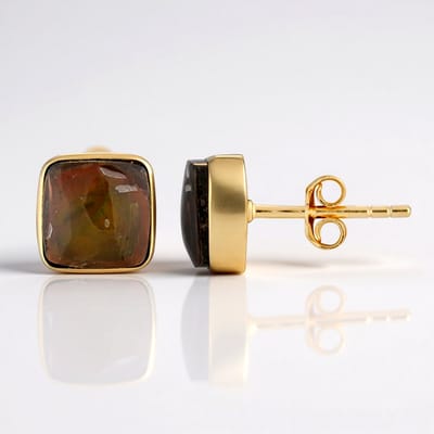 Cavill - Zilveren Oorbellen Verguld - 925 Sterling Zilver - 4,55 ct Antieke Ammoliet Cabochon 8 mm - Moderne Cushion Cut - Canada Edelsteen