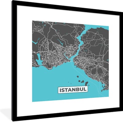 Fotolijst incl. Poster - Istanbul - Blauw - Kaart - Stadskaart - Plattegrond - 40x40 cm - Posterlijst