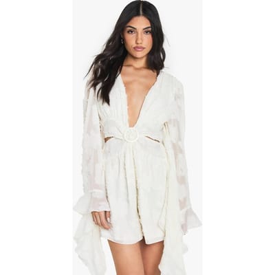 boohoo Dames Burnout Bloemen Playsuit met Wijde Mouwen | Ivory | Maat: 12
