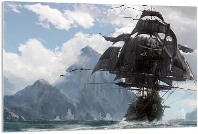 Acrylglas - Geschilderd Schip met Bergen - 120x80cm Foto op Acrylglas (Wanddecoratie op Acrylglas)