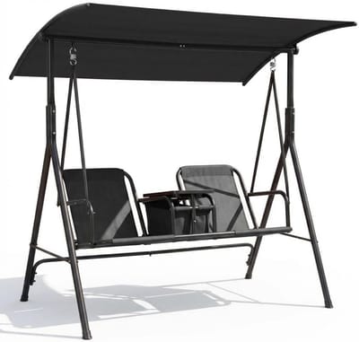 Luxe 2-Zits Tuinschommelbank met Verstelbaar Zonnedak - Schommelstoel voor Buiten incl. Draaitafeltje, Bekerhouders & Uitneembare Koeltas - Stalen Frame - Zwart