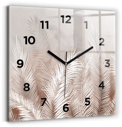 Wallfluent Wandklok - Tropische boho-bladeren Klok met Print - 30 cm x 30 cm - Grijs Wandklok - Zwarte Handen - Wandklok Met Cijfers - Kinder Wandklok Glas - Vierkante Glas Klok - Scandinavisch Wandklok - Klok met Print