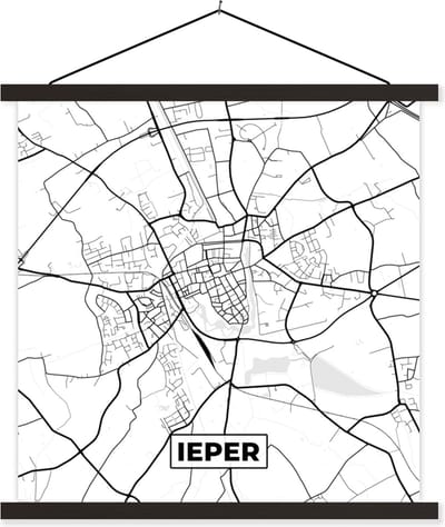 Posterhanger incl. Poster 60x60 cm - Schoolplaat - België – Ieper – Stadskaart – Kaart – Zwart Wit – Plattegrond - Textielposter - Zwarte latten - Stadskaart