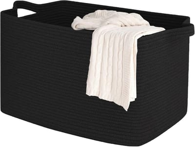 Ruime Vierkante Opbergmand van Katoen (63L, Zwart) voor Kinderen met Handvatten, Vouwbare Wasmand en Organiser voor Badkamer en Speelkamer