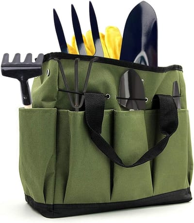Tuiniersset - Multifunctionele, draagbare opbergtas voor de thuistuin - Robuust & slijtvast - Herbruikbaar - Voorzien van 8 vakken - Ideaal voor het organiseren van binnen- en buitentuinieren - 3 x 18 x 32 cm - Legergroen