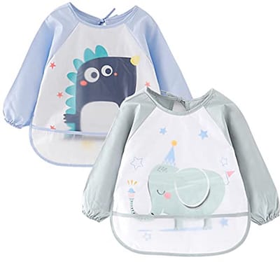 Set van 2 waterdichte babyslabben met lange mouwen - Blauw en Groen