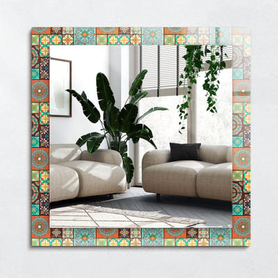 Wallfluent Spiegel - Kleurrijke Mozaïektegels Spiegel op gehard Glas - 60x60 cm - Kleurrijk Vierkante Spiegel - Decoratieve spiegel met patroon - Inloopkastspiegel - Badkamerspiegel - Toiletspiegel - Visagiespiegel - Woonaccessoires - Hangspiegel