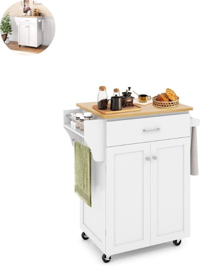 Keukeneiland - Verplaatsbaar - Keukenkast - Dressoir - Organizer - Kasten - Houten Werkblad - Wit