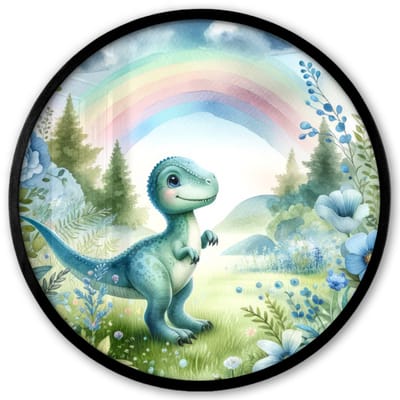 Poster in lijst Rond - Fotolijst 40x40 cm - Posters - Dino - Baby - Regenboog - Dinosaurus - Ronde posterlijst zwart - Decoratie - Wanddecoratie woonkamer - Muurdecoratie slaapkamer