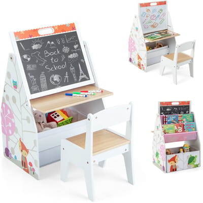 COSTWAY 3 in 1 kindertafel & kunstezel & krijtbord, kinderzitgroep met magneetbord & whiteboard & stoffen mand & boekenplank, kinderplank met opbergruimte voor jongens en meisjes (wit)