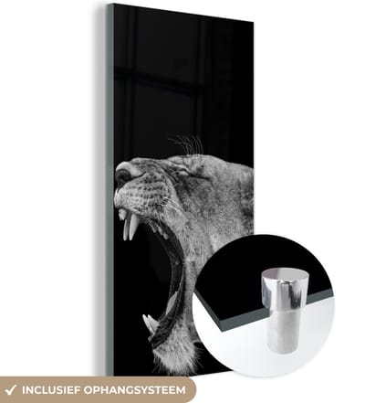 MuchoWow - Glasschilderij - Foto op glas - Dieren - Leeuw - Jungle - Zwart-wit - Wanddecoratie - 60x120 cm - Acrylglas - Muurdecoratie glas - Schilderij leeuw