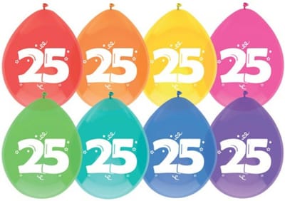 Haza Party Ballonnen 25 jaar - leeftijd verjaardag - 8x stuks - 29 cm - versiering/feestartikelen