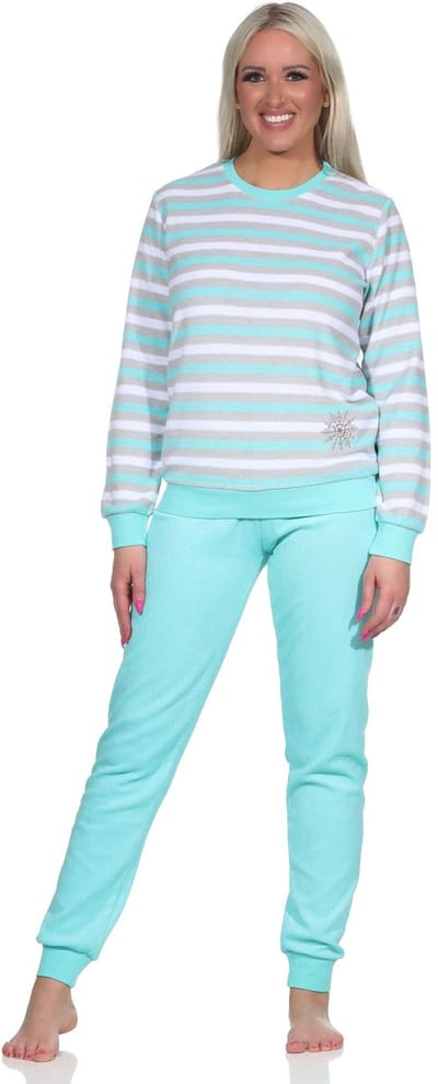 Lange badstof damespyjama's, pyjama's met een gestreepte look en een ijskristalmotief