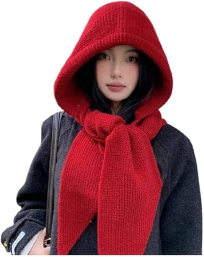 Gebreide sjaal met capuchon voor dames - Warme wintermuts - Warme winterbalaklava - Met sjaal - Gebreide wollen wintermuts - Rood