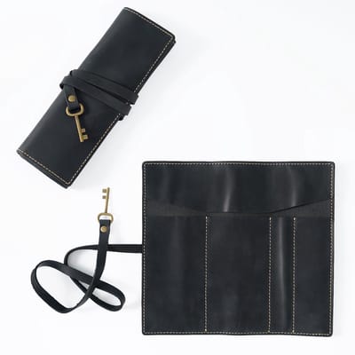Leren Rol Etui van Top-Grain Rundleer – Pennenhouder voor 10 Pennen - Zwart