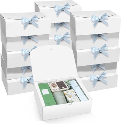 15 Stuks Cadeauboxen met Deksel, 25cm x 20cm x 10cm Witte Kraft Papieren Dozen met Blauwe Strik voor Bruidsmeisjes, Verjaardag, Kerst en Feestverpakkingen