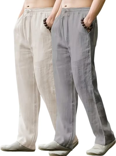 Livano Linnen Broek Heren - Zomerbroek - Volwassenen - Lange Broek - Pantalon - Strandbroek - Zomer - Ibiza Stijl - Khaki & Grijs - Maat S