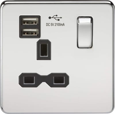 Schroefloos Stopcontact met Dubbele USB Oplader - Gepolijst Chroom Zwart