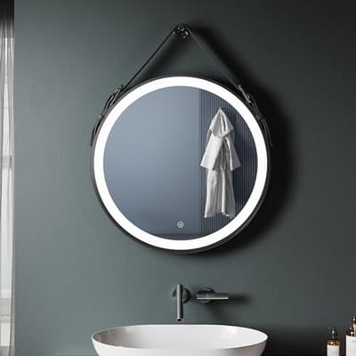 Ronde Badkamerspiegel met LED Verlichting - 60 cm, Condensvrij, Verstelbare Leren Riem
