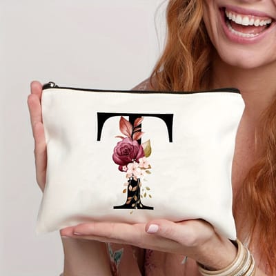 Gepersonaliseerde make-up tasjes van A tot Z - Verjaardagscadeaus - Unieke cadeaus voor bruiden en bruidsmeisjes, met bloemenmotieven, geschikt als bedankjes en voor het organiseren van cosmetica,De letter T