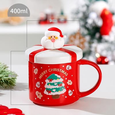 Kerstbeker Creatieve Kerst Keramische Beker Leuke Mok met Deksel Lepel Beker Set Cadeau 400ML