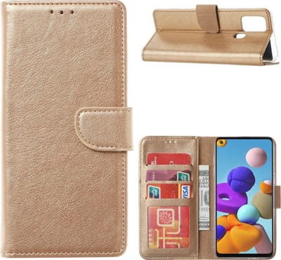 LuxeBass Hoesje geschikt voor Samsung Galaxy A21S - Bookcase Goud - portemonnee hoesje - telefoonhoes - gsm hoes - telefoonhoesjes