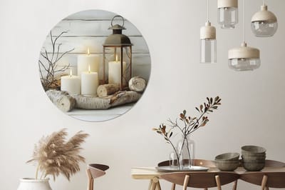WallCircle - Wandcirkel - Muurcirkel - Stilleven - Wit - Kaarsen - Rustiek - Natuur - Aluminium - Dibond - 140x140 cm - Binnen en Buiten
