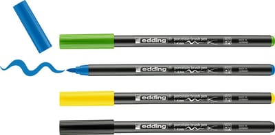 edding 4200 porselein stiften - zwart, geel, lichtblauw, lichtgroen - 4 porselein pennen - penseelpunt 1-4mm - viltstift voor het schilderen en decoreren van keramiek porselein - vaatwasmachinebestendig lichtechte inkt sneldrogend