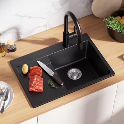 SOFETIY MAX Granieten Spoelbak 65x45CM - Spoelbakken Keuken Zwart - Spoelbak Met Planchet en Afdruiprek - Spoelbakken Incl. Sifon en Afvoerzeefje