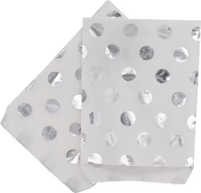 Go Go Gadget - Traktatiezakjes - Uitdeelzakjes - Verjaardagzakjes - Feestzakjes - Snoepzakjes - 13x18 cm - Polkadot - Wit/ Zilver