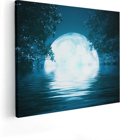 Artaza Canvas Schilderij Volle Maan - 50x40 cm - Muurdecoratie Meer - Wanddecoratie Bos - Schilderijen Op Canvas
