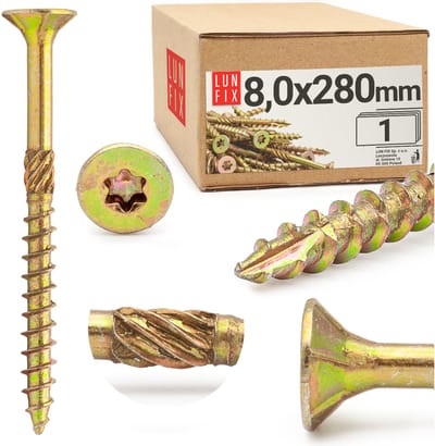 LUN FIX - Spanplattenschroeven 8x280 mm - 1 stuk - TX40 (I-Ster) - Verzinkte kop/freesribben - Torx Schroeven