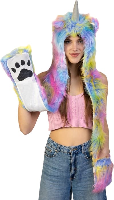 KIMU® Hood LED Eenhoorn Muts Led Pastel Regenboog Oortjes Bontmuts Spirit Festival