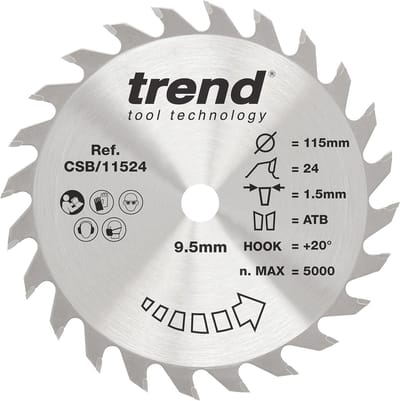 Houten cirkelzaagblad 115 mm - 24 tanden TCT - 1,5 mm kerf - 9,5 mm boring - +20° haak - geschikt voor houtzaagwerktuigen