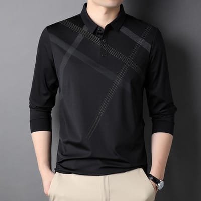 Lente Nieuwe Heren T-shirt met Lange Mouwen Gestreept Casual Dun Revers Poloshirt Modieus T-shirt 3XL black