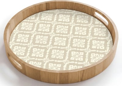 Dienblad rond 40x40 cm - Schootdienblad hout - Floraal - Ornament - Beige - Borrelplank rechthoek - Plateau houten dienbladen